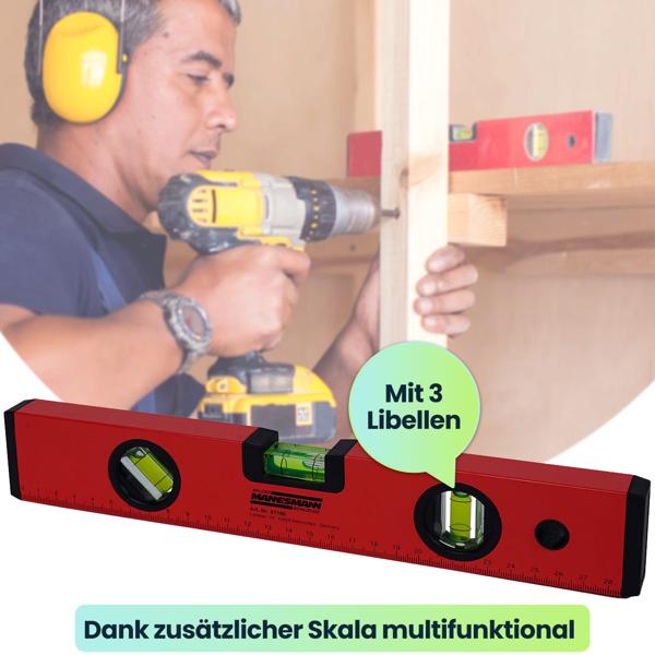 Robuste 30cm Wasserwaage (rot/schwarz) mit 3 Libellen – Zuverlässiges Messwerkzeug für Heimwerker und Profis