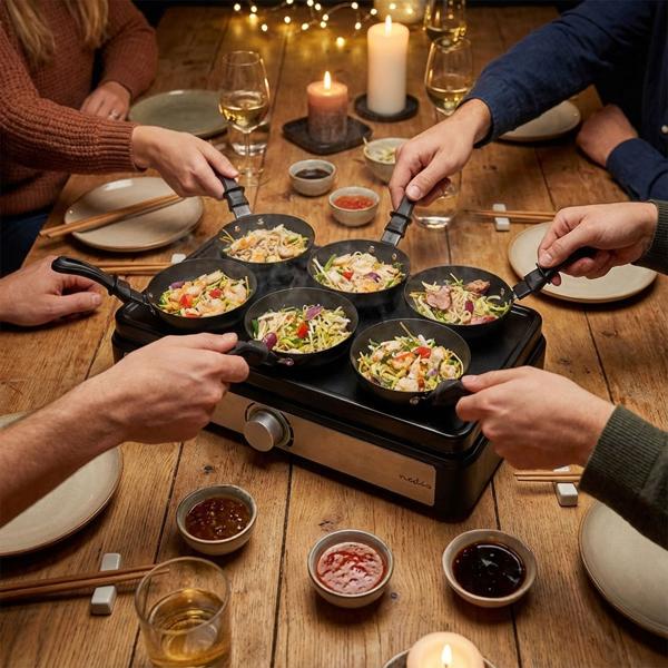 Komfortables Party-Wok-Set für 6 Personen, 600 Watt – 6 Mini-Woks, auch für Crêpes oder Omeletts, mit Temperaturregler, antihaftbeschichtet