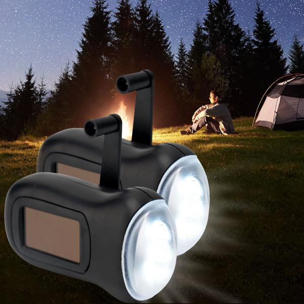 set di 2 pratiche torce a dinamo di sopravvivenza con pannello solare, 3 LED ad alta potenza, 20 lumen, batteria ricaricabile, ideale per avventure all‘aperto e campeggio