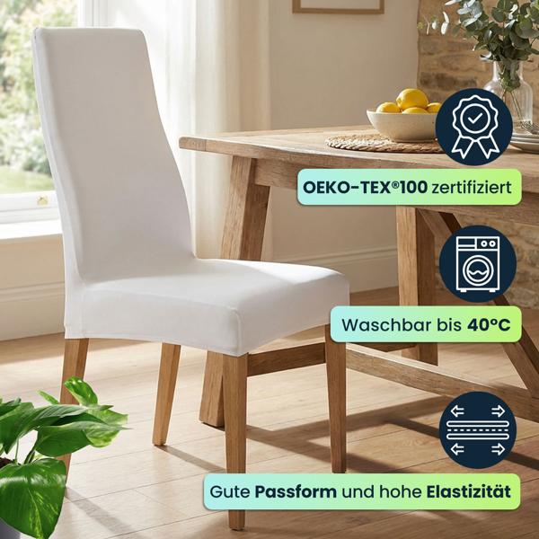 Stuhlbezüge, 6er-Spar-Set, elegant u. hochwertig, weiss, Stretch mit Lehnenbezug, OEKO-TEX Standard 100, waschbar bis 40°C, Schutz vor Abnutzung