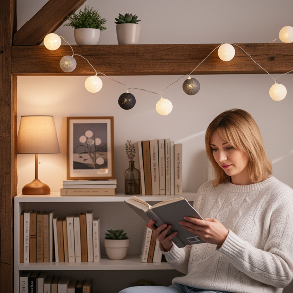 Dekorative Lichterkette mit 10 Baumwoll-Lampions (weiss-grau-schwarz) – Für eine stimmungsvolle Beleuchtung im Innenbereich