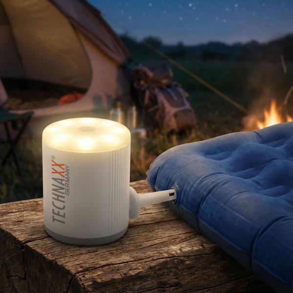 Kompakte Akku-Luftpumpe mit 5 Aufsätzen & LED-Licht – weiss, ideal für Luftmatratzen, Schwimmringe, Camping & Urlaub, immer dabei