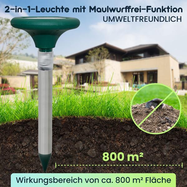Profi Solar Maulwurfschreck mit eleganter Beleuchtung - Effektive & giftfreie 400Hz Abwehr Plus Gartenbeleuchtung