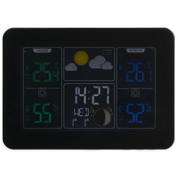 Moderne Wetterstation mit Farb-Display, Aussenfühler & Wecker: Temperatur, Luftfeuchtigkeit, Barometer – stilvolle Wetterüberwachung in Schwarz