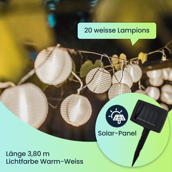 LED Lampion Lichterkette, Solar, warmweiss, 20 weisse Lampions, 3,8m, IP44, effektvolle Solarlichterkette für Balkon, Terrasse, Garten, Bäume u.v.m