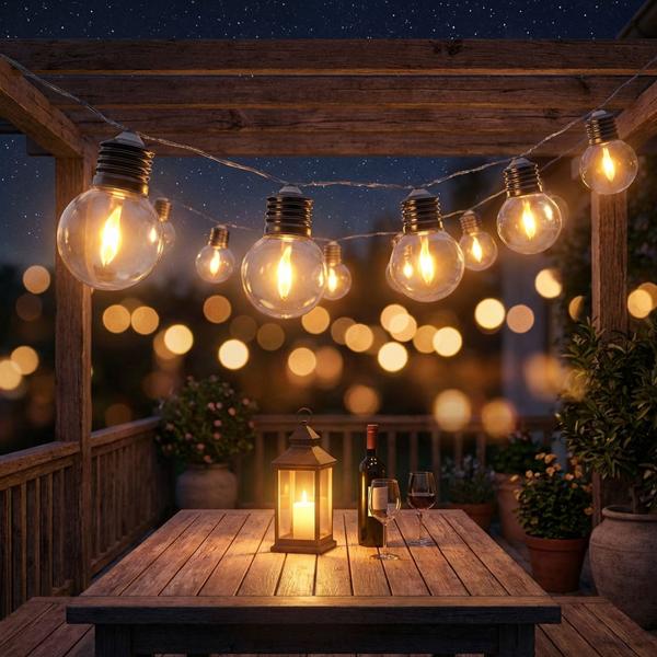 Catena luminosa a LED solare con 20 LED bianchi caldi a forma di lampadina, 3,8 m, resistente alle intemperie, a risparmio energetico, per giardino, balcone e terrazza, IP44