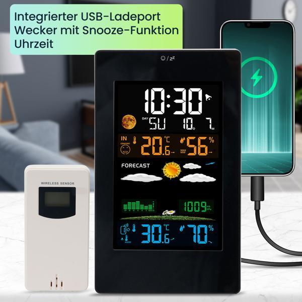 Moderne Wetterstation mit LCD-Farbdisplay, Funk-Aussensensor, Wecker & USB-Ladeport – präzise Wettervorhersage, Temperatur & Luftfeuchtigkeit