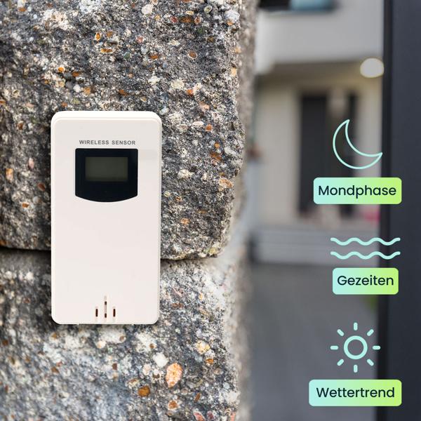 Moderne Wetterstation mit LCD-Farbdisplay, Funk-Aussensensor, Wecker & USB-Ladeport – präzise Wettervorhersage, Temperatur & Luftfeuchtigkeit
