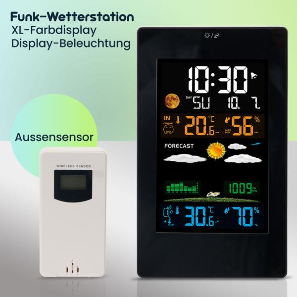 Moderne Wetterstation mit LCD-Farbdisplay, Funk-Aussensensor, Wecker & USB-Ladeport – präzise Wettervorhersage, Temperatur & Luftfeuchtigkeit