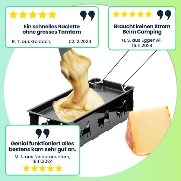 3er-Set Teelicht-Raclette für 1-2 Personen, Set ohne Strom, Teelichter & Schaber, Metall mit originell ausgestanzten Kühen, antihaftbeschichtet