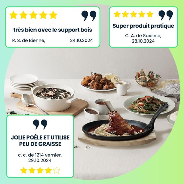 4 poêles de service professionnelles en fonte avec planches en bois, 24 x 14 x 2,2 cm – poignée amovible, haute résistance à la chaleur (230 °C)