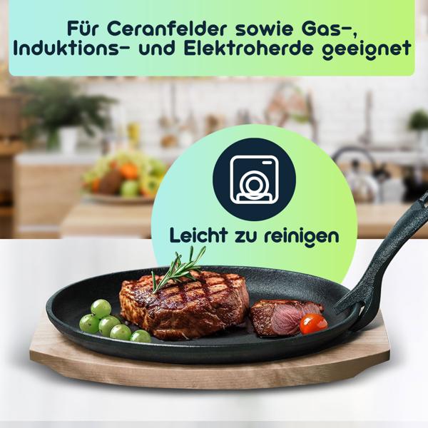 4er-Set Massive Profi Servierpfanne aus Gusseisen mit Holz-Untersetzer, 24 x 14 x 2,2 cm, Abnehmbarer Griff bis 230 °C hitzebeständig 