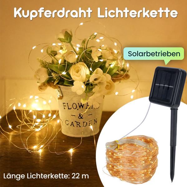 2er-Set Solar Kupferdraht Lichterkette 22m, 200 warmweisse LEDs, IP44 – Energieeffizient, robust und wunderschön