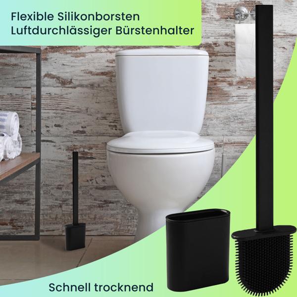 4er-Set WC-Bürste mit Silikonborsten, 4 Toilettenbürsten inkl. Bürstenhalter, schwarz, schnell trocknend, die effizientere Art der Toiletten Hygiene