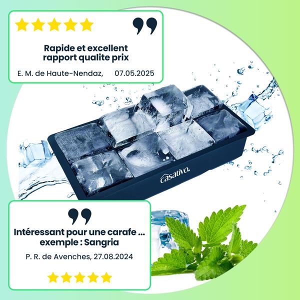 3 Moules à glaçons XXL - 8 compartiments 5x5 cm - Capacité 1L - Silicone alimentaire sans BPA - Idéal cocktails, jus, punch