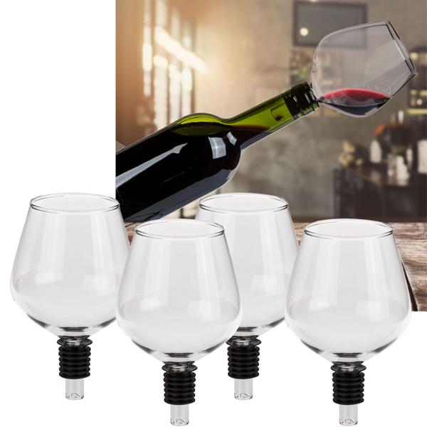 Lot de 4 verres à vin avec embout silicone - Pour bouteille, gag de fête, bec verseur & aérateur - Ø 8xH13cm, compatible toutes bouteilles - Cadeau