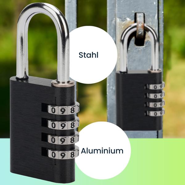 Zahlenschloss Vorhängeschloss 4-stellig – Robustes Koffersschloss aus Aluminium mit Stahlbügel, 10.000 Code-Kombinationen, schwarz