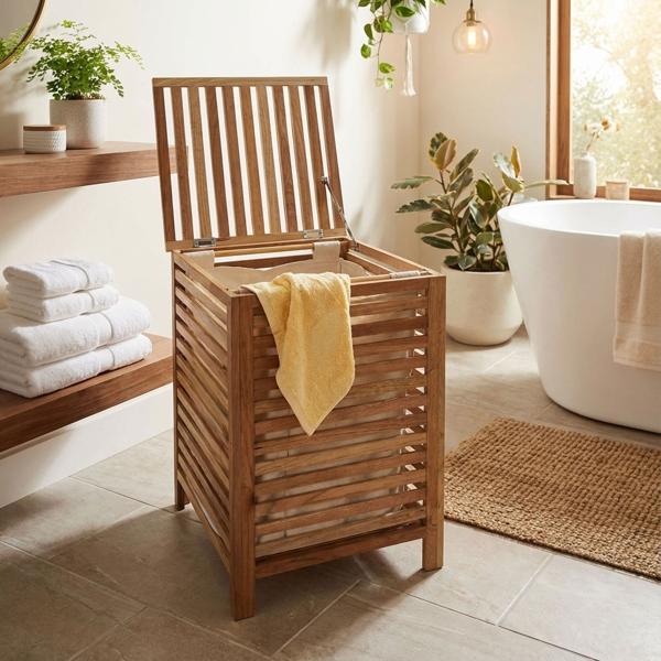Cesto portabiancheria in pregiato legno di noce - Con sacco per biancheria, 45x45x65cm - Contenitore elegante per il bagno e la camera da letto