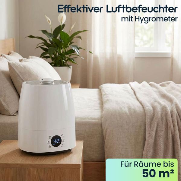 Effektiver Luftbefeuchter (grau/weiss) mit Hygrometer – Für Räume bis 50 m² – 5,5 Liter Tank & Keramikfilter für ein gesundes Raumklima