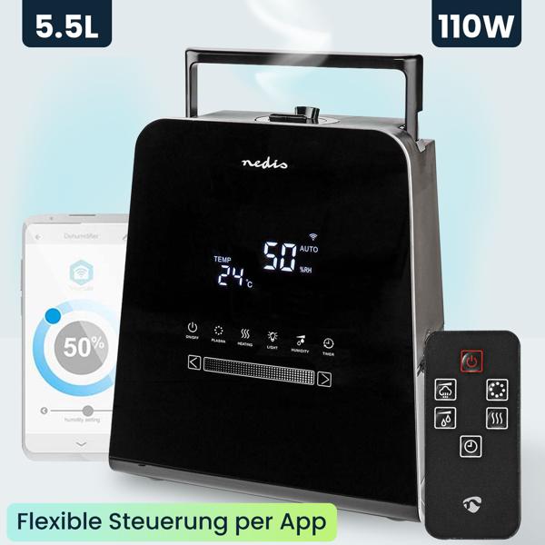 Smarter 5.5L Ultraschallbefeuchter, 110W - mit Hygrometer, Aromafunktion, App, Fernbedienung & Display - schwarz, für optimales Raumklima