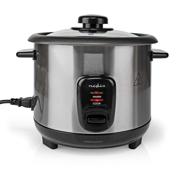 Stilvoller Edelstahl Reiskocher mit Warmhaltefunktion, 1 Liter, 400 W, schwarz - silber, antihaftbeschichtet, für bis zu 5 Portionen leckeren Reis