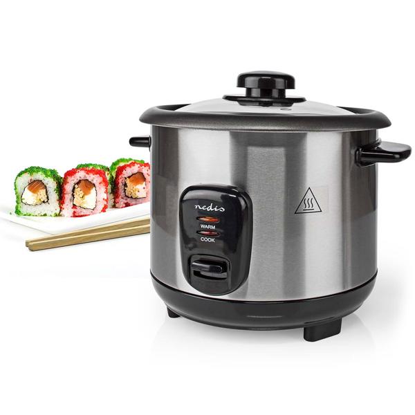 Stilvoller Edelstahl Reiskocher mit Warmhaltefunktion, 1 Liter, 400 W, schwarz - silber, antihaftbeschichtet, für bis zu 5 Portionen leckeren Reis