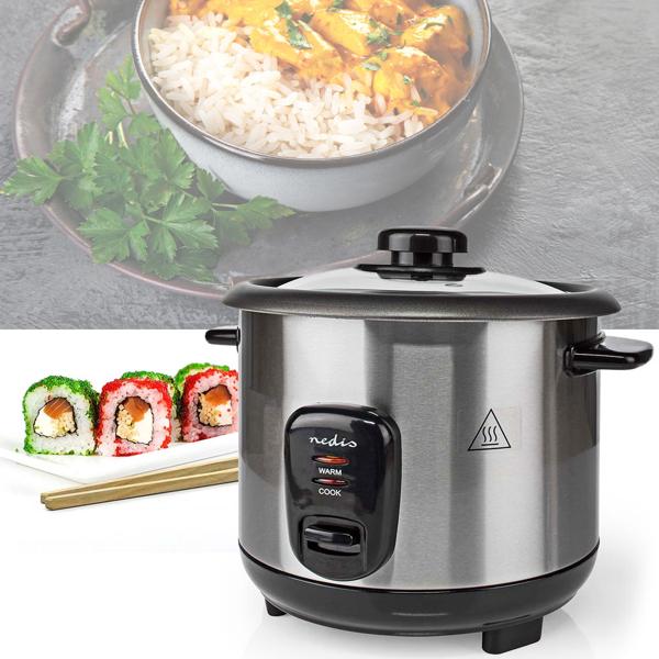 Stilvoller Edelstahl Reiskocher mit Warmhaltefunktion, 1 Liter, 400 W, schwarz - silber, antihaftbeschichtet, für bis zu 5 Portionen leckeren Reis