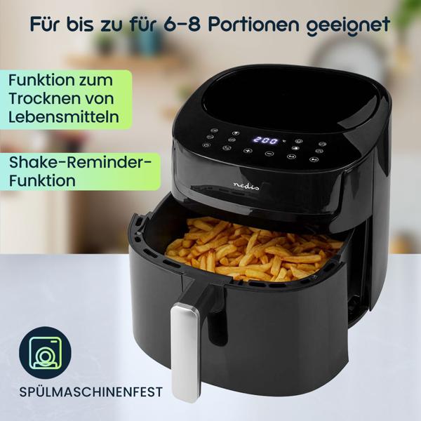 Digitale XL Heissluftfritteuse, 7,2 l für 4-8 Portionen, Touchscreen, Timer, 1800 W, bis 200°C, Air Fryer mit 8 Kochprogrammen, Grillen, Backen, Braten