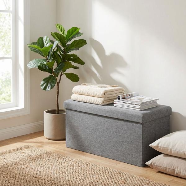 2er Set Elegante faltbare Sitztruhe, für 2 Personen, 76 x 37.5 x 37.5 cm, Textilbezug in grau, mit zusätzlichem Stauraum und komfortablem Sitz