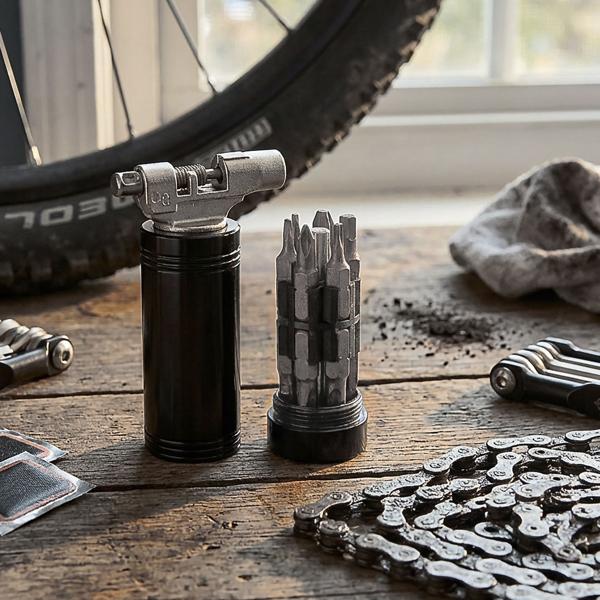 Kit d‘outils compact pour vélo - Extracteur de chaîne, tournevis, Torx, clés Allen - Acier à outils noir/argent - Réparation et entretien
