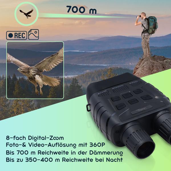 Digitales Profi Nachtsichtgerät, binokular, 4K Videokamera mit 700m IR Sichtweite - Nachtsicht Fernglas, 8-fach digital Zoom, SD Karten Slot