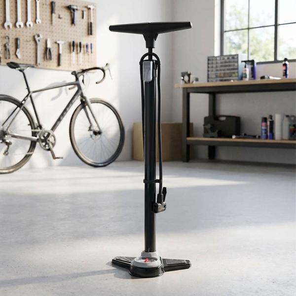 Velo-Standpumpe mit präzisem Manometer bis 12 bar/200 psi - Universalkopf für alle Ventilarten - inkl. Adapter für Bälle/Aufblasartikel - 95 cm Schlauch