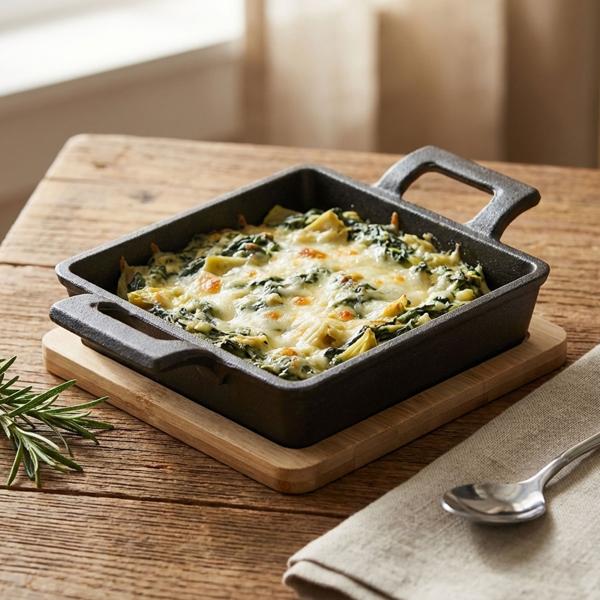 Quadratische Servierpfanne aus Gusseisen, 2 Henkel, Bambusbrett als eleganter Untersetzer, Ø 13cm, flache Pfanne für Gratin, Tapas, Curry und Fleisch