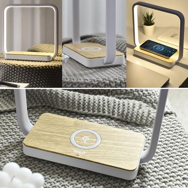 Stazione di ricarica Qi con lampada da comodino a LED, ricarica wireless, 5W, design bianco/legno. Ricarica wireless e luce piacevole, combinazione elegante