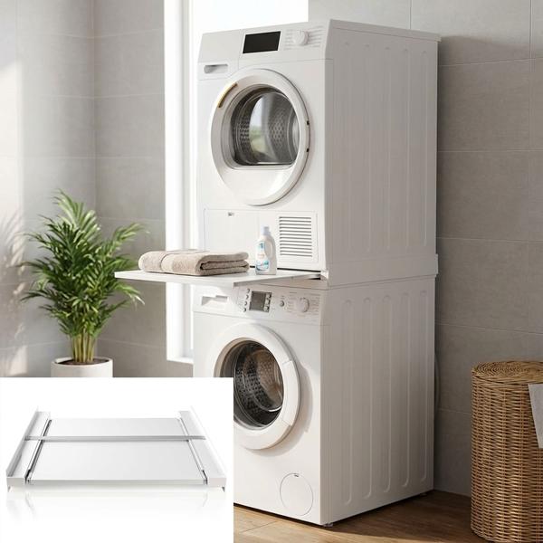 Zwischenbaurahmen mit Auszug (60x60cm, weiss): Metallrahmen für Waschmaschine & Trockner, platzsparende Stapelung + ausziehbare Arbeitsfläche