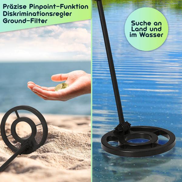 Profi Metalldetektor, digital, wasserdicht, LCD Display, Erkennung unterschiedlicher Metalle, Pinpointing-Funktion, Tiefensuche ohne Störung