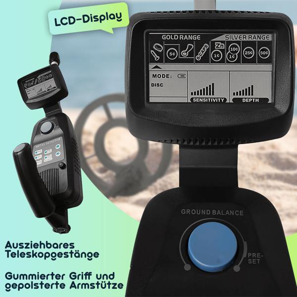 Profi Metalldetektor, digital, wasserdicht, LCD Display, Erkennung unterschiedlicher Metalle, Pinpointing-Funktion, Tiefensuche ohne Störung