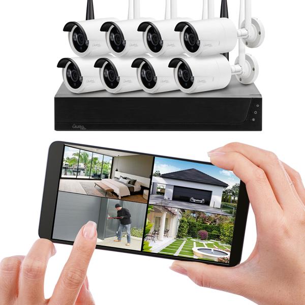 Profi Funk-Überwachungssystem, 8 QHD-2K Kameras & HDD-Rekorder, Tuya App mit Live Fernzugriff, Nachtsicht mit IR-LEDs, wetterfest - IP66