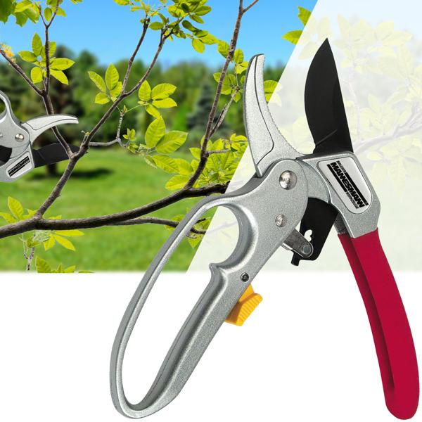 Kraftvolle Ratschen-Gartenschere (Silber/Rot) - Schneidet mühelos Äste dank Ratsche - Doppelt geschärfte Stahlklinge & leichter Alu-Griff