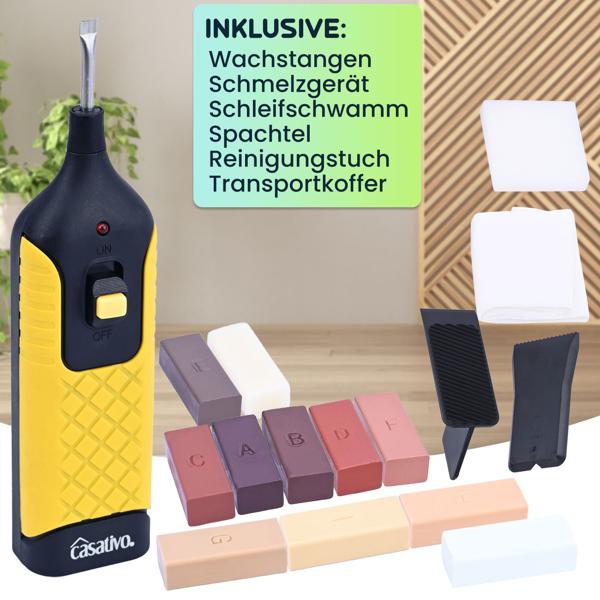 Bewährtes Reparaturkit für Holz-, Laminat- Kork- und Parkettböden, Hartwachs, 11 verschiedene Farben, auch bei Holzmöbeln einsetzbar