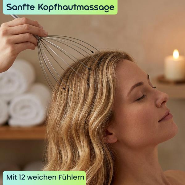 Kopfmassagegerät mit Wohlfühl-Noppen, Kopfmassage-Spinne mit 12 Auslegern, angenehmer glatter Griff, Entspannung pur