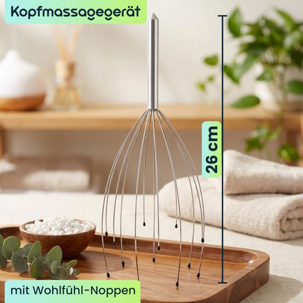 Kopfmassagegerät mit Wohlfühl-Noppen, Kopfmassage-Spinne mit 12 Auslegern, angenehmer glatter Griff, Entspannung pur