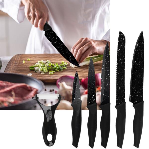 Lot de qualité pour cuisine avec 5 couteaux affûtés et 1 éplucheur, 6 pièces au total, noir