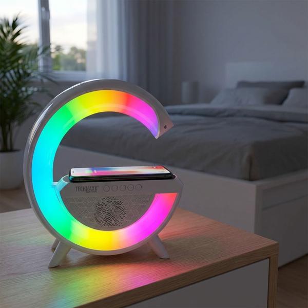 Veilleuse RGB multifonction avec station de charge Qi, Bluetooth et radio FM – haut-parleur, lumière d’ambiance, 23,5 cm
