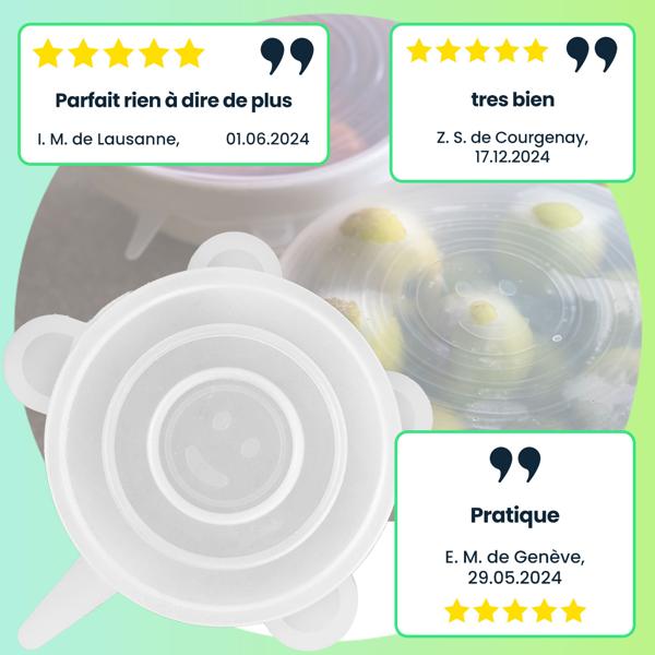 Couvercles en silicone (lot de 5) - Extensibles, réutilisables pour casseroles, saladiers, plats - Hygiène & fraîcheur des aliments - Lave-vaisselle & micro-ondes