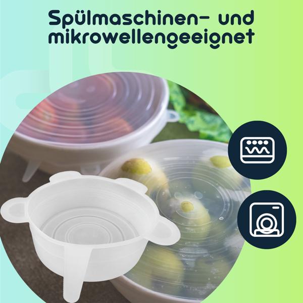 Frischegarantie mit Silikon-Frischhaltedeckeln (5er-Set): Dehnbare, wiederverwendbare Silikondeckel für Schüsseln u. Töpfe – ideal für Lebensmittel