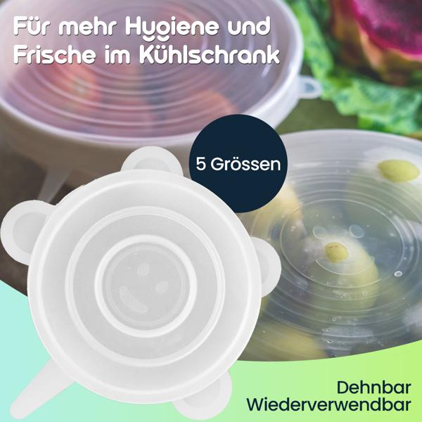 Frischegarantie mit Silikon-Frischhaltedeckeln (5er-Set): Dehnbare, wiederverwendbare Silikondeckel für Schüsseln u. Töpfe – ideal für Lebensmittel