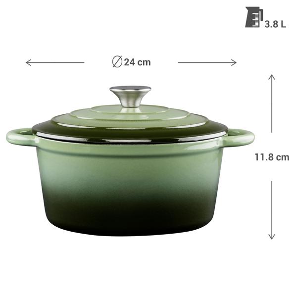 Emaillierter Gusseisen Topf in Grün, Ø24cm – Robuster Schmortopf & Bräter - Perfekte Kochergebnisse mit Stil