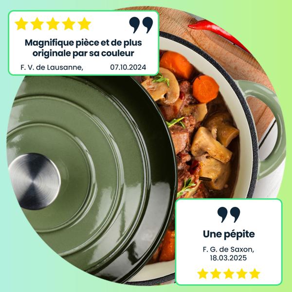 Marmite en fonte émaillée verte Ø24cm - Cuisson parfaite four/induction/gaz/grill - Répartition chaleur optimale - Lave-vaisselle