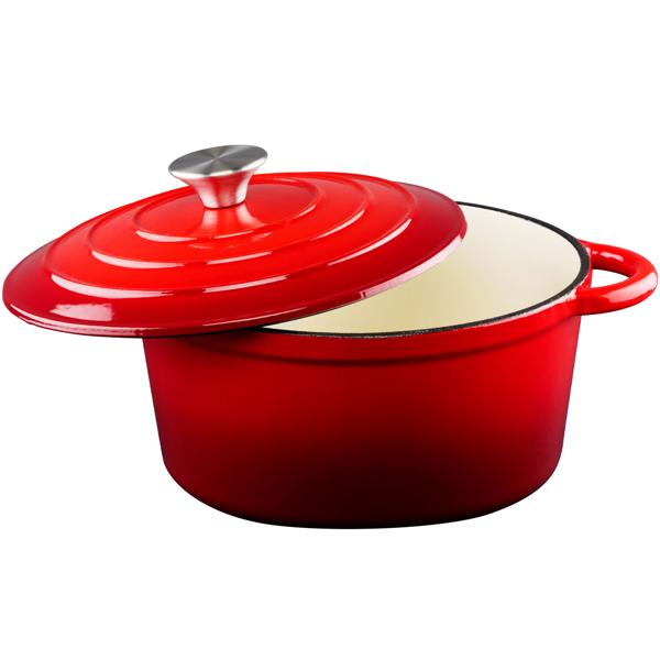 Emaillierter Gusseisen Topf rot Ø 24cm (3,8L) mit Deckel - Für alle Herdarten inkl. Induktion + Grill geeignet - Perfekt Kochen, Braten, Schmoren